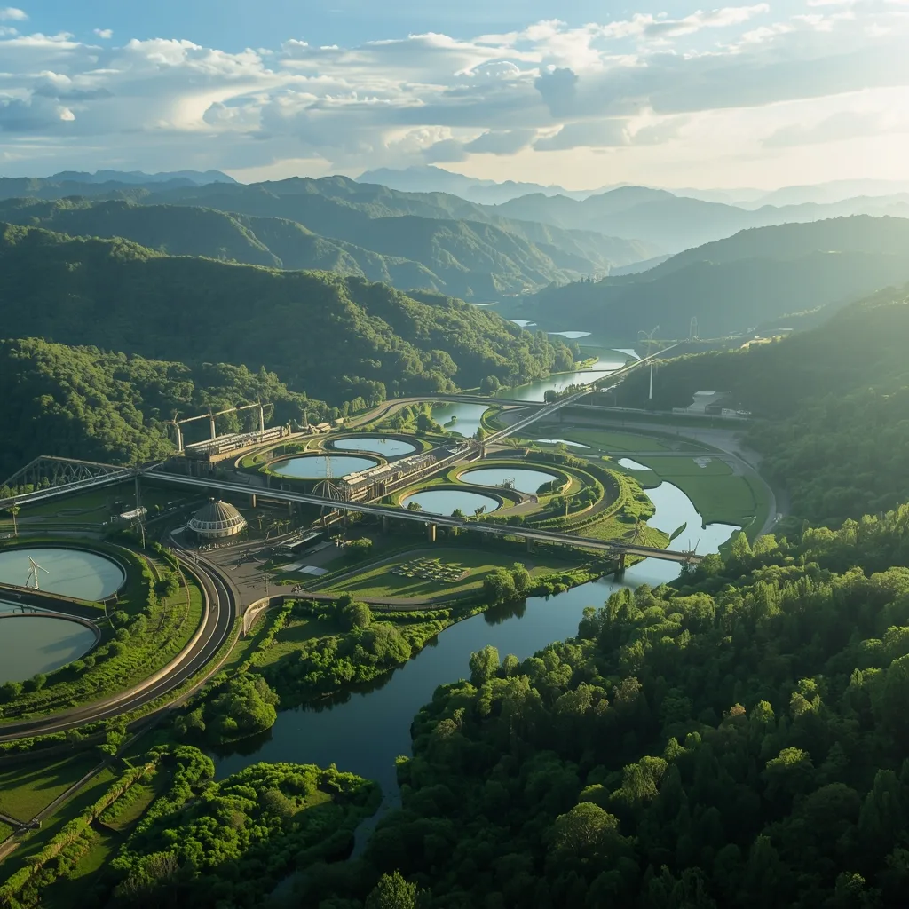 Planta de tratamiento de agua moderna con tecnología sostenible e integración natural